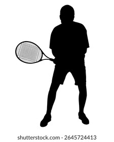 Tenista masculino, silhueta isolada. O tipo de esporte é o tênis de relva. Um homem ativo acertando uma bola com uma raquete. Ilustração vetorial