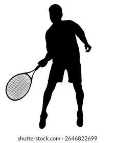 Male tennis player, isolated silhouette. The type of sport is lawn tennis. An active man hitting a ball with a racket. Vector illustration