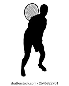 Tenista masculino, silhueta isolada. O tipo de esporte é o tênis de relva. Um homem ativo acertando uma bola com uma raquete. Ilustração vetorial