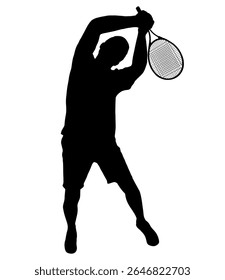 Male tennis player, isolated silhouette. The type of sport is lawn tennis. An active man hitting a ball with a racket. Vector illustration