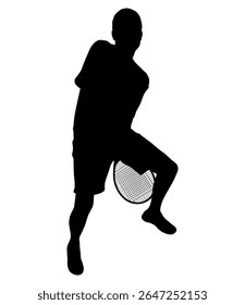 Tenista masculino, silhueta isolada. O tipo de esporte é o tênis de relva. Um homem ativo acertando uma bola com uma raquete. Ilustração vetorial