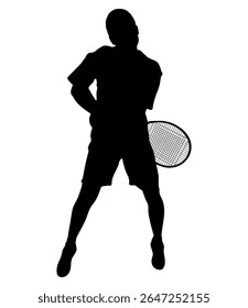 Tenista masculino, silhueta isolada. O tipo de esporte é o tênis de relva. Um homem ativo acertando uma bola com uma raquete. Ilustração vetorial