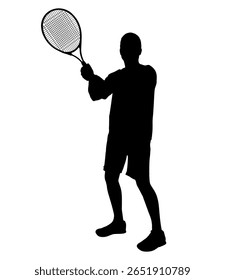 Male tennis player, isolated silhouette. The type of sport is lawn tennis. An active man hitting a ball with a racket. Vector illustration