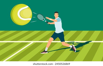 Jugador de tenis masculino en la pista de tenis.  El jugador de tenis con raqueta golpea la pelota. Ilustración vectorial.