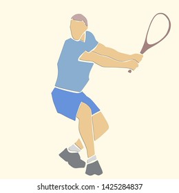 Male tennis player with racket. Colorful abstract cartoon. Athlete in active pose. Applique or paper cut style. Vector illustration.