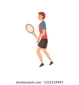 Male Tennis Player with Racket in His Hand, Professional Sportsman Character Wearing Sports Uniform Vector Illustration