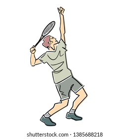 Male tennis player with racket. Vector flat illustration. Isolated black contour and colors. Colorful abstract cartoon. Athlete in active pose. Man is playing tennis. Professional sport or hobby.