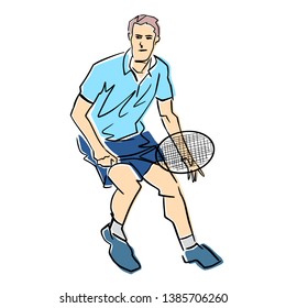 Male tennis player with racket. Vector flat illustration. Isolated black contour and colors. Colorful abstract cartoon. Athlete in active pose. Man is playing tennis. Professional sport or hobby.