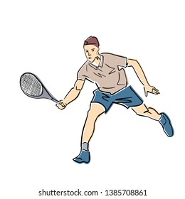 Male tennis player with racket. Vector flat illustration. Isolated black contour and colors. Colorful abstract cartoon. Athlete in active pose. Man is playing tennis. Professional sport or hobby.