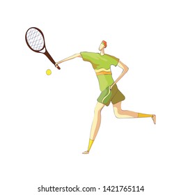 Male tennis player takes the ball with a racket. Vector illustration on white background.