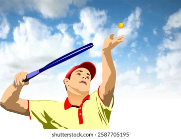 Male tennis player wearing a yellow polo shirt and red cap serving with blue racket under a cloudy sky. Hand drawn Illustration