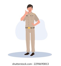 male Thai government officers in uniform. Thai man teacher giving thumb up, good job, very well. Flat Vector illustration