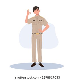 male Thai government officers in uniform. Thai man teacher  doing OK hand sign.good, Flat Vector illustration