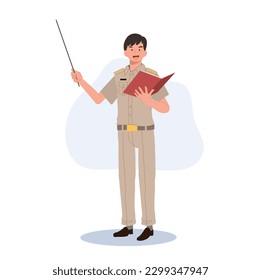 oficiales masculinos del gobierno tailandés uniformados. Hombre tailandés enseñando un lápiz de puntero , explicando el conocimiento de un libro. personaje de dibujos animados, ilustración de vector plano