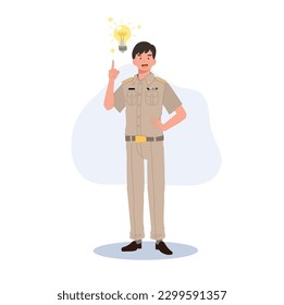 male Thai government officers in uniform. Thai man teacher, got new idea, lightbulb. Flat Vector cartoon illustration