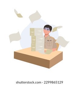 male Thai government officers in uniform. Thai man teacher with too overload paper worksheet on the desk. Flat Vector illustration