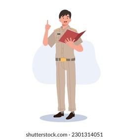 männliche thailändische Regierungsbeamte in Uniform. Thai-Lehrer, erklärt Wissen aus dem Buch. Zeichentrickfigur, Flache Vektorgrafik