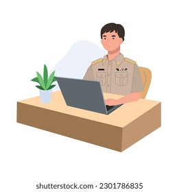 oficiales masculinos del gobierno tailandés uniformados. Un profesor tailandés está trabajando con una laptop en su escritorio.  Ilustración de vector plano