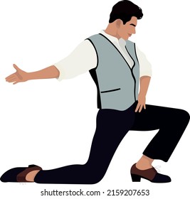 Male theater actor and dancer sitting on one knee during a performance
