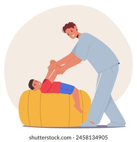 Male Therapist Character Assists A Young Boy Performing A Physical Rehabilitation Exercise On A Yellow Ball. Concept of Medical Support, Care And Pediatric Therapy. Cartoon People Vector Illustration