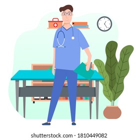 Male therapist or vet with stethoscope in blue uniform standing with clipboard near sectional table, cabinet on wheels, bookshelf, first aid, potted flower. Red Cross symbol. Large green leaves