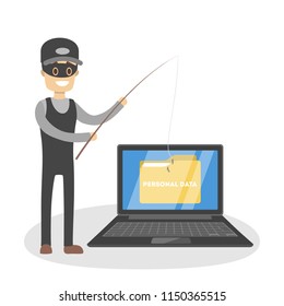 Male thief attack computer and steal personal data. Digital security concept. Isolated vector flat illustration