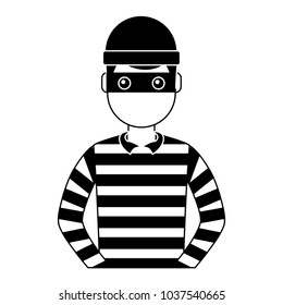 male thief avatar mask cap and striped clothes vector illustration black and white graphic