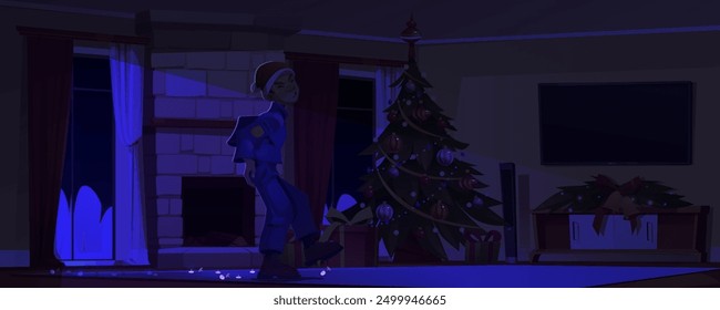 Male thief breaks into house with Christmas tree, decorations and gift boxes at night. Cartoon vector illustration of man burglar in uniform and Xmas hat enter home living room with fireplace.