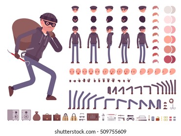 Male thief character creation set. Full length, different views, emotions, gestures, isolated against white background. Build your own design. Cartoon flat-style infographic illustration