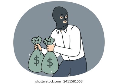 Male thief in face mask holding bags with money in hands. Man burglar or criminal steal cash from bank. Crime and burglary. Vector illustration.