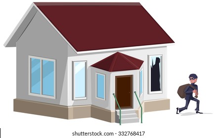 Male thief in mask robbed house. Property insurance. Illustration in vector format