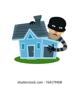 Male thief in mask robbed house, property insurance vector Illustration