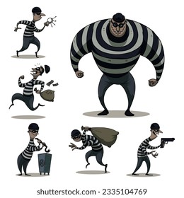 Male thief in mask set, robber cartoon characters committing crimes vector Illustrations on a white background