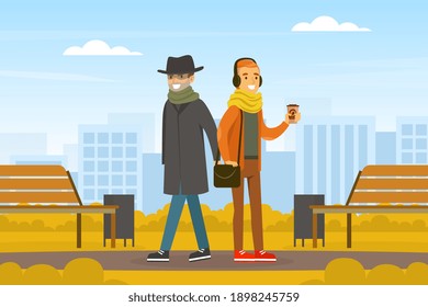 Male Thief Pickpocket Stealing Purse from Man Handbag in the Park, Burglar Committing Robbery, Criminal Scene Flat Vector Illustration