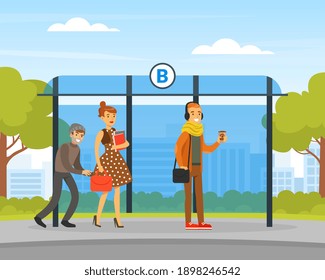 Male Thief Pickpocket Stealing Purse from Woman Handbag at Bus Stop, Burglar Committing Robbery, Criminal Scene Flat Vector Illustration