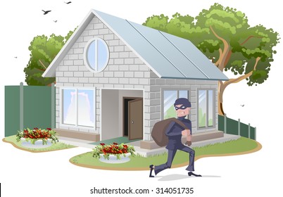 Male thief robbed house. Burglaries. Property insurance. Illustration in vector format