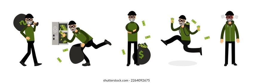 Male Thief or Robber in Mask Committing Crime Stealing Money Vector Set