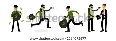 Male Thief or Robber in Mask Committing Crime Stealing Money Vector Set