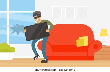 Male Thief Stealing Television from House, Burglar Committing Robbery, Criminal Scene Flat Vector Illustration