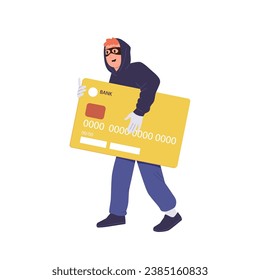 Male thief wearing facemask and hoodie stealing debit or credit card isolated on white background