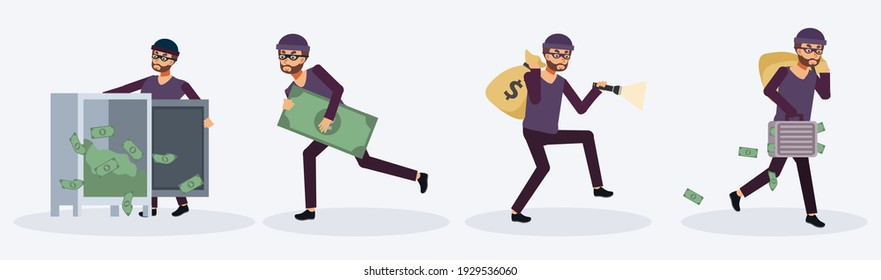 Male thieves in variety actions. Collection set, Criminal person, Flat vector cartoon character illustrations.