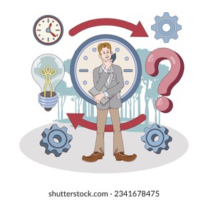 Male thinking how to manage work time. Work time, ideas concept. Time organization and management concept. Flat vector illustration in blue colors in cartoon style