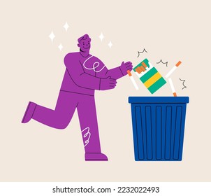 Male throwing pack of cigarettes in trash. Stop smoking and healthy lifestyle concept. Colorful vector illustration