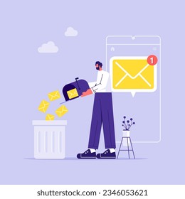 Male throws letters into trash can, businessman deletes spam or read mail from mailbox, file manager, deleting unnecessary files, email cleaner