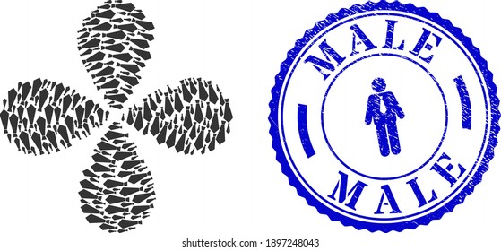 Male tie swirl flower shape, and blue round MALE corroded stamp with icon inside. Element flower created from oriented male tie symbols. Vector flower collage in flat style.