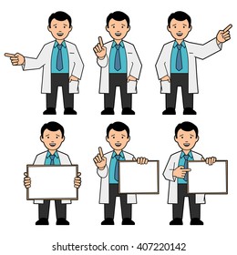 Male in a tie and a white lab coat. Different poses. A man holds a placard,  draws attention, raising thumb up. Vector illustration