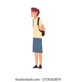 Male Tourist with Ba kpack, Smiling Young Man Travelling and Sightseeing on Vacation, Active Recreation Vector Illustration