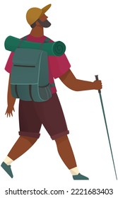 Male tourist with backpack and hiking stick isolated. Outdoor travelling and nature camping. Man traveler on trip stands in full lenght back view. Tracking through mountains and trails, adventure time