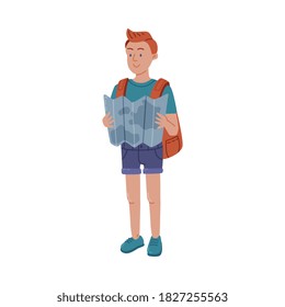 Male Tourist with Backpack Holding Road Map and Planning Route, Summer Travel, Camping, Backpacking Trip or Expedition Cartoon Style Vector Illustration