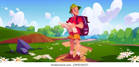 Turista masculino con mochila y mapa en las manos se para en el camino en pradera con hierba verde y flores silvestres. Caricatura vectorial de la recreación y aventura del senderismo activo. Hombre joven viaja al aire libre